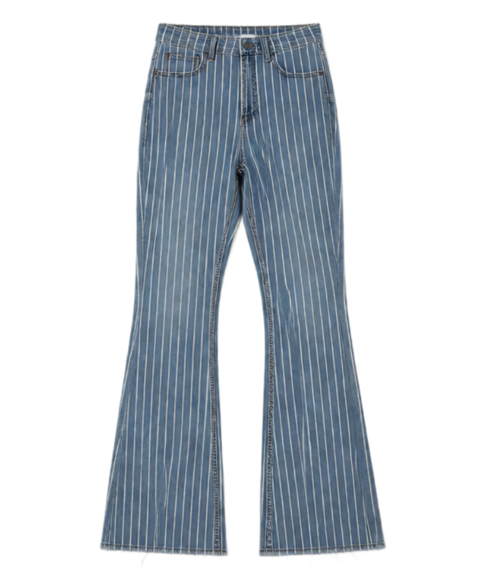 NWT Y2K Fashion Nova Striped Flare Jeans Size 9 Blue White Frayed Hem Denim